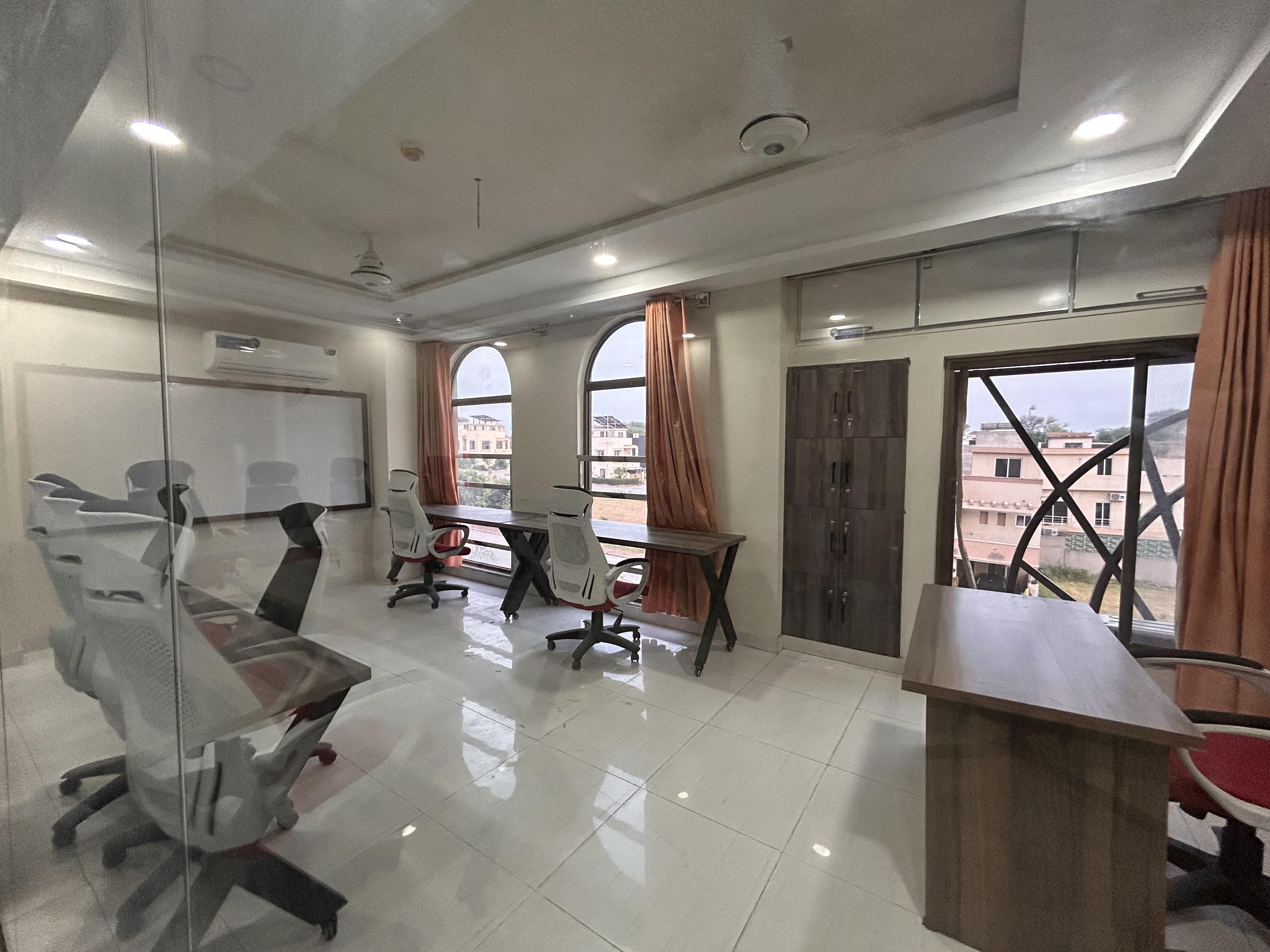 Angled furnished office layout for teams